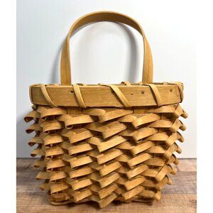 Vintage woven curled light wood basket w turned handle, wall hanging, Door